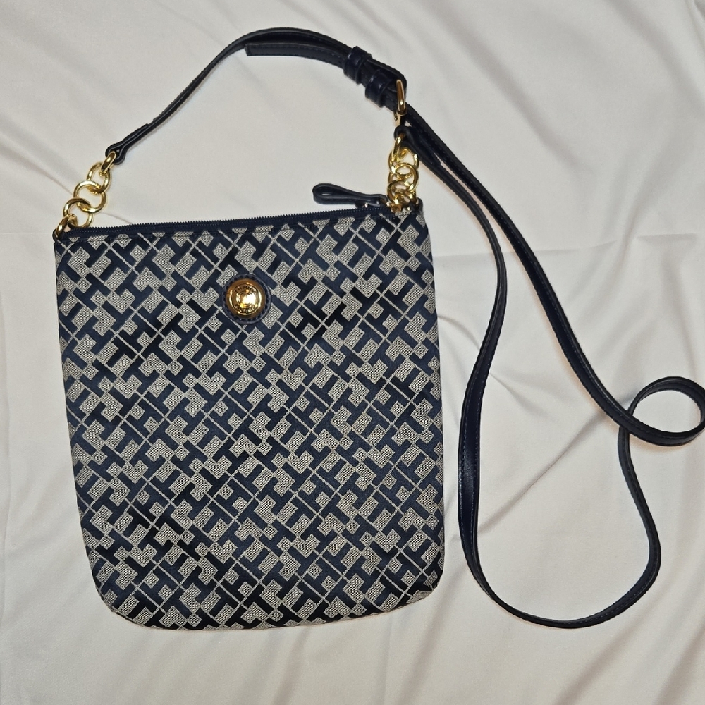 Tommy Hilfiger Navy and Gold Patterned Crossbody Bag